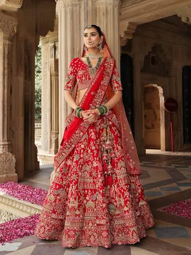 Stunning bridal lehenga with intricate embroidery at Riti Riwaz ethnic wear store Patna